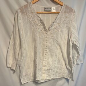Alfred Dunner Coquette White Blouse with Embroidery SZ 14P Cottagecore